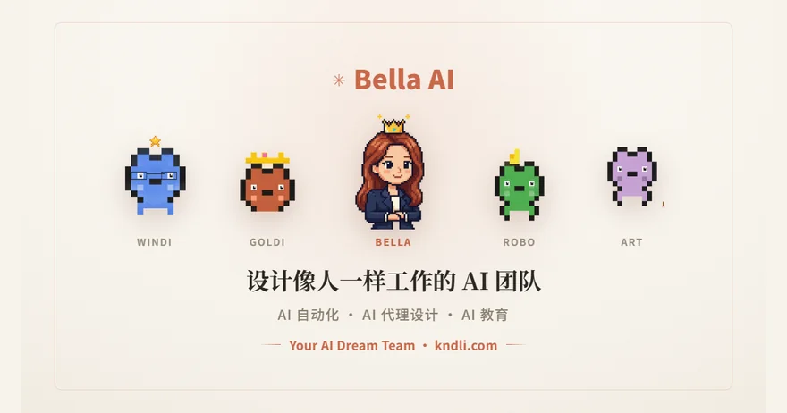 Bella 名片背面 — 像素风 Bella 与 AI 团队