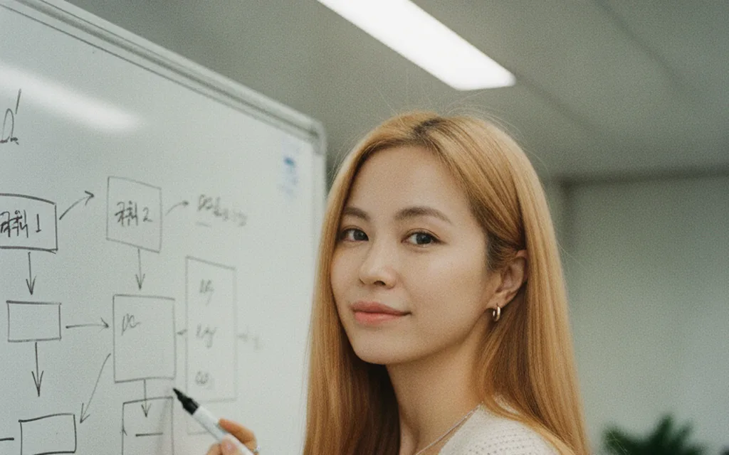 화이트보드 앞에서 규칙 1·2·3을 그리다 카메라를 돌아보는 벨라 — AI 아바타 쇼츠의 첫 장면