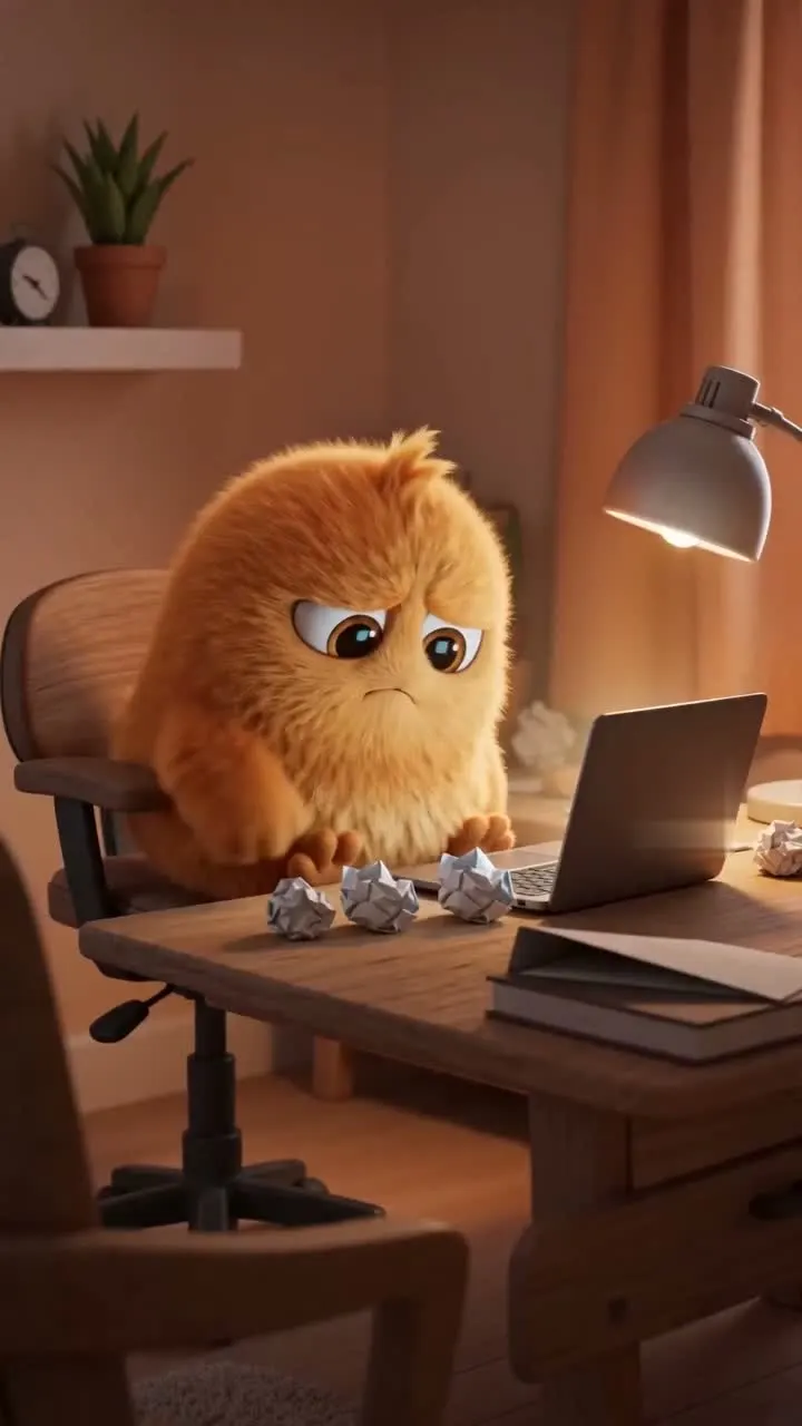 A character frowning at a laptop surrounded by crumpled paper — double-checking an AI answer