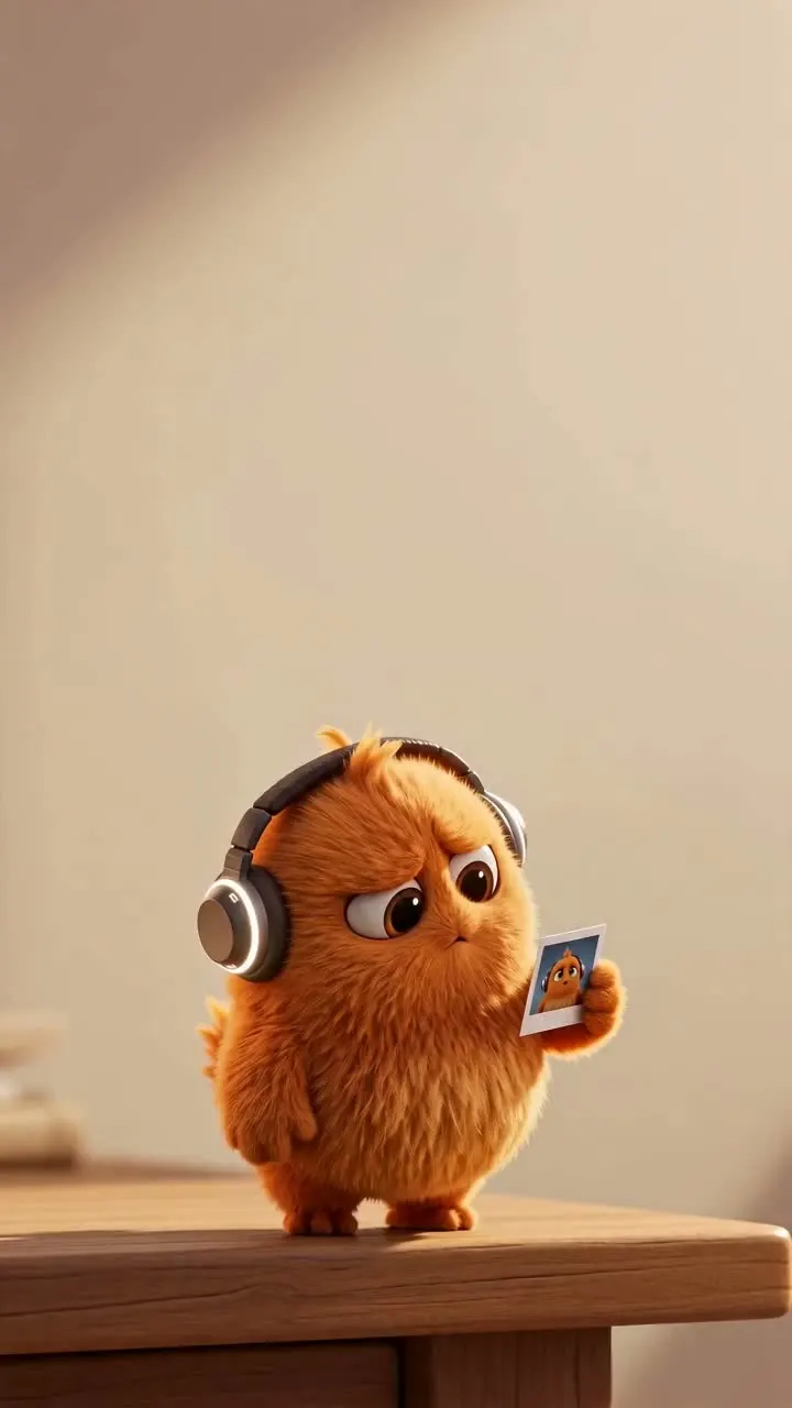 A frame from our 15-second AI explainer video: a character in headphones holding a photo